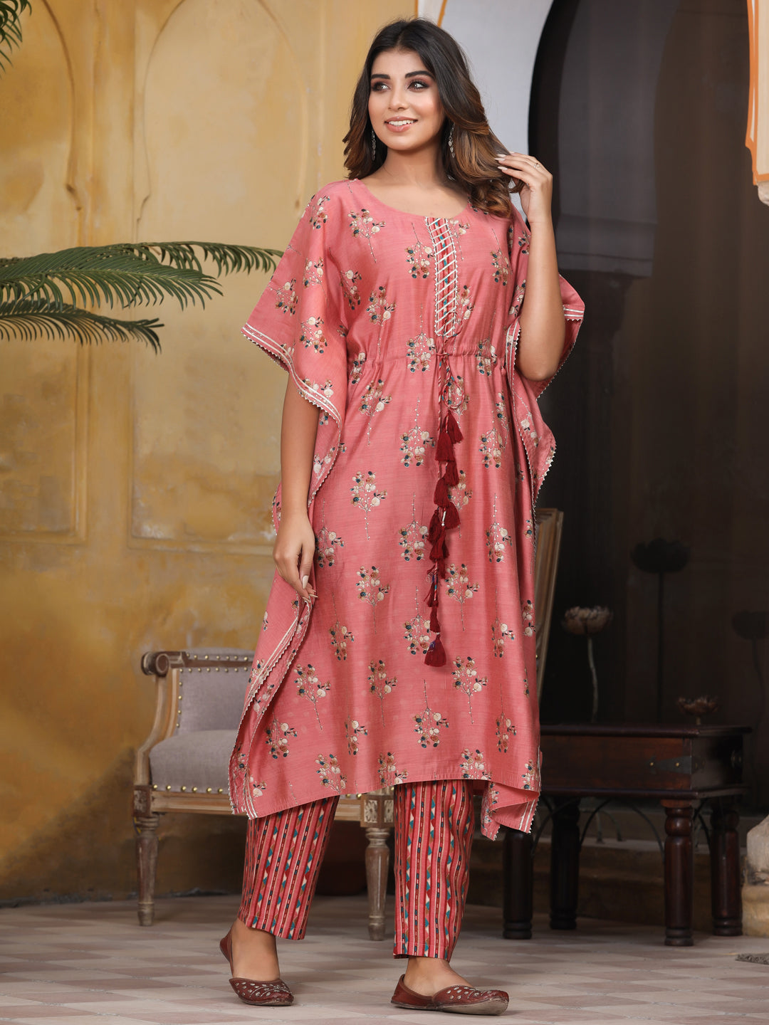 Pink Chanderi Printed Kaftan With Pants