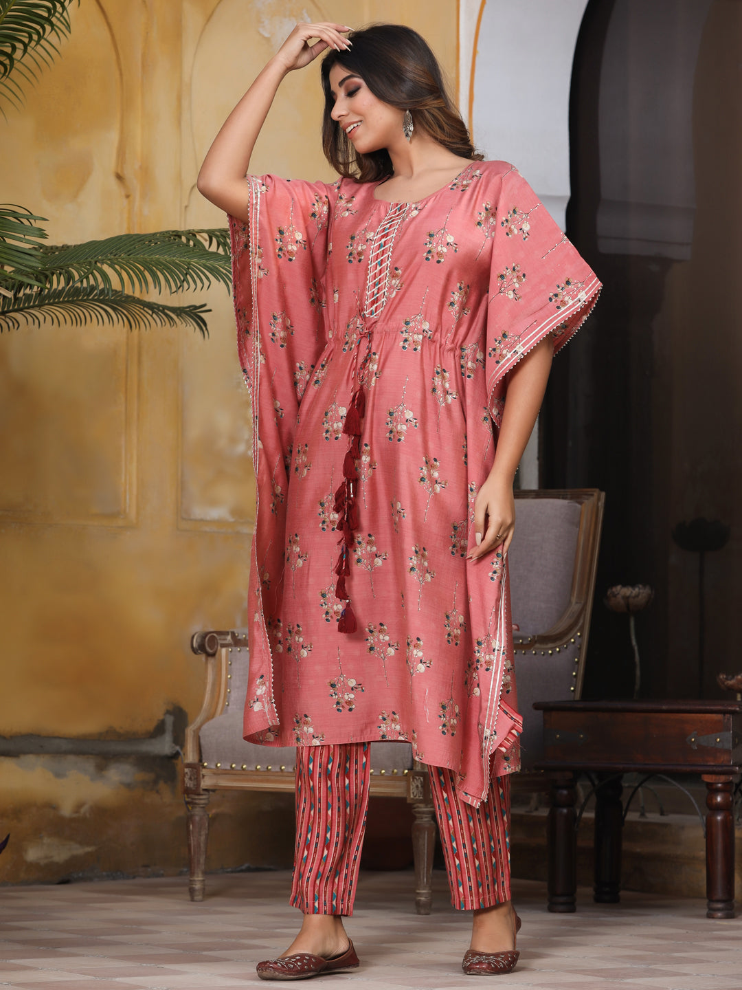 Pink Chanderi Printed Kaftan With Pants