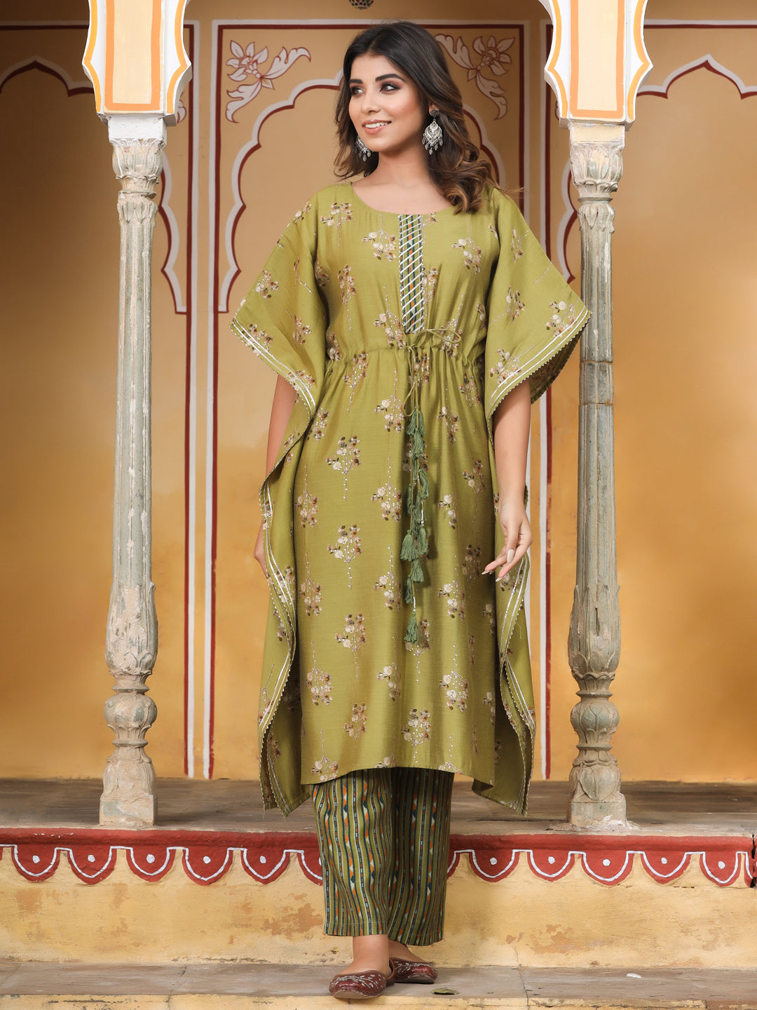 Green Chanderi Printed Kaftan With Pants