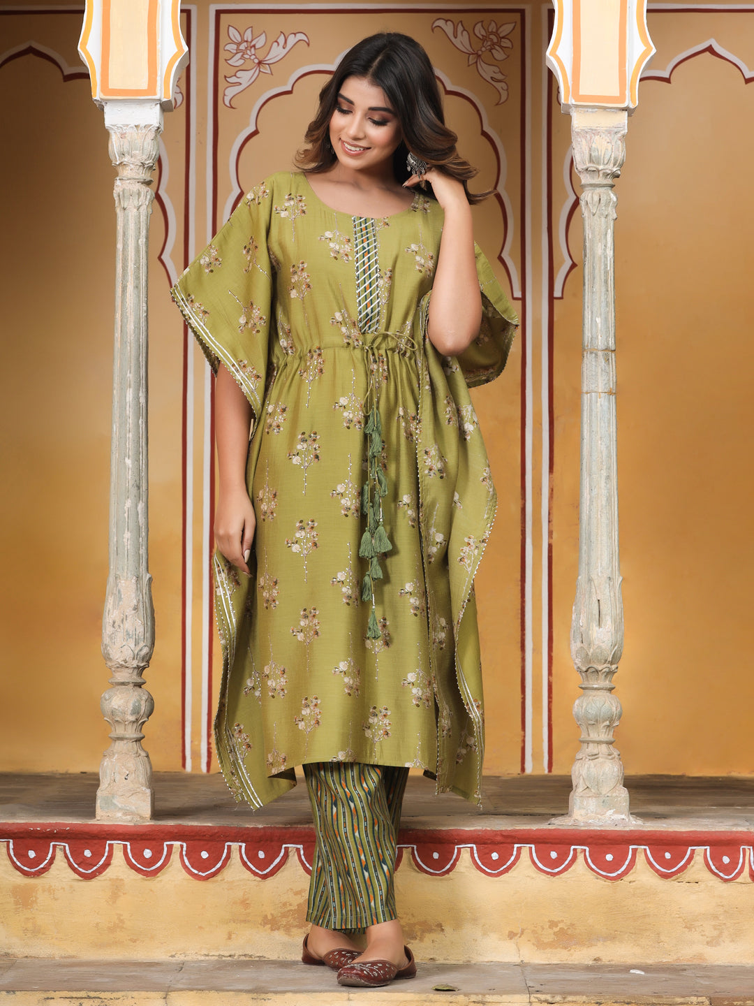 Green Chanderi Printed Kaftan With Pants