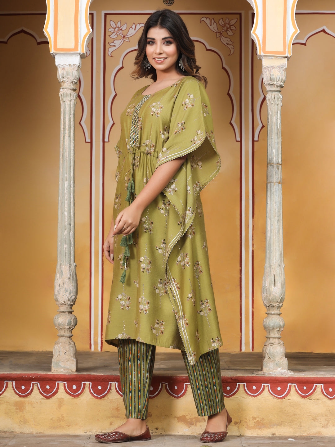 Green Chanderi Printed Kaftan With Pants