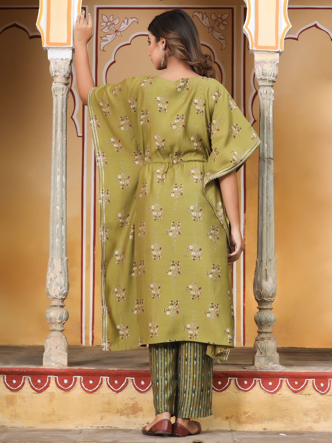 Green Chanderi Printed Kaftan With Pants