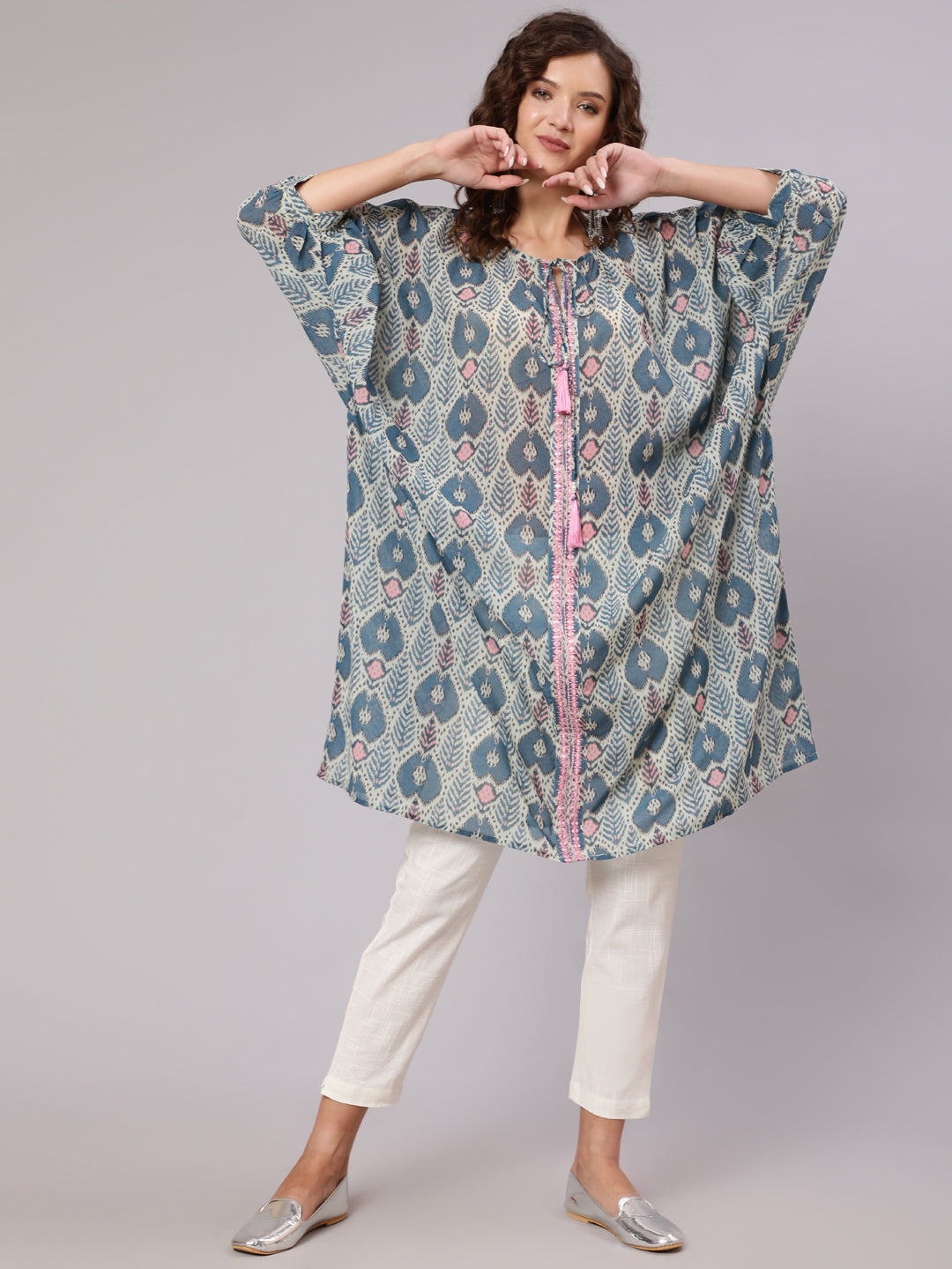 Mirror Work Embroidered Georgette Kaftan With Tassels