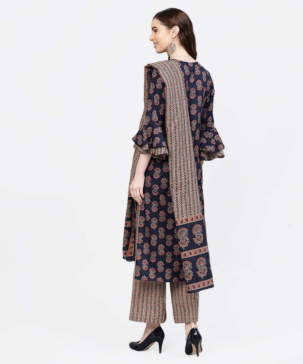 Navy Blue & Beige Ethnic Motifs Straight Cotton Kurta With Palazzo & Dupatta