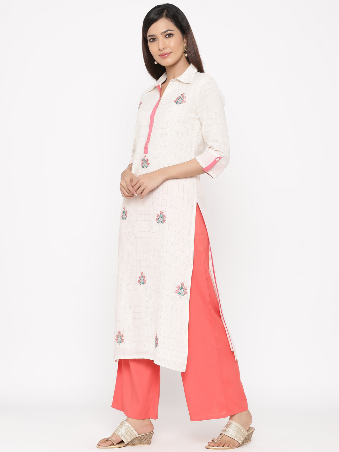 Off White Embroidered Straight Cotton Kurta With Palazzo