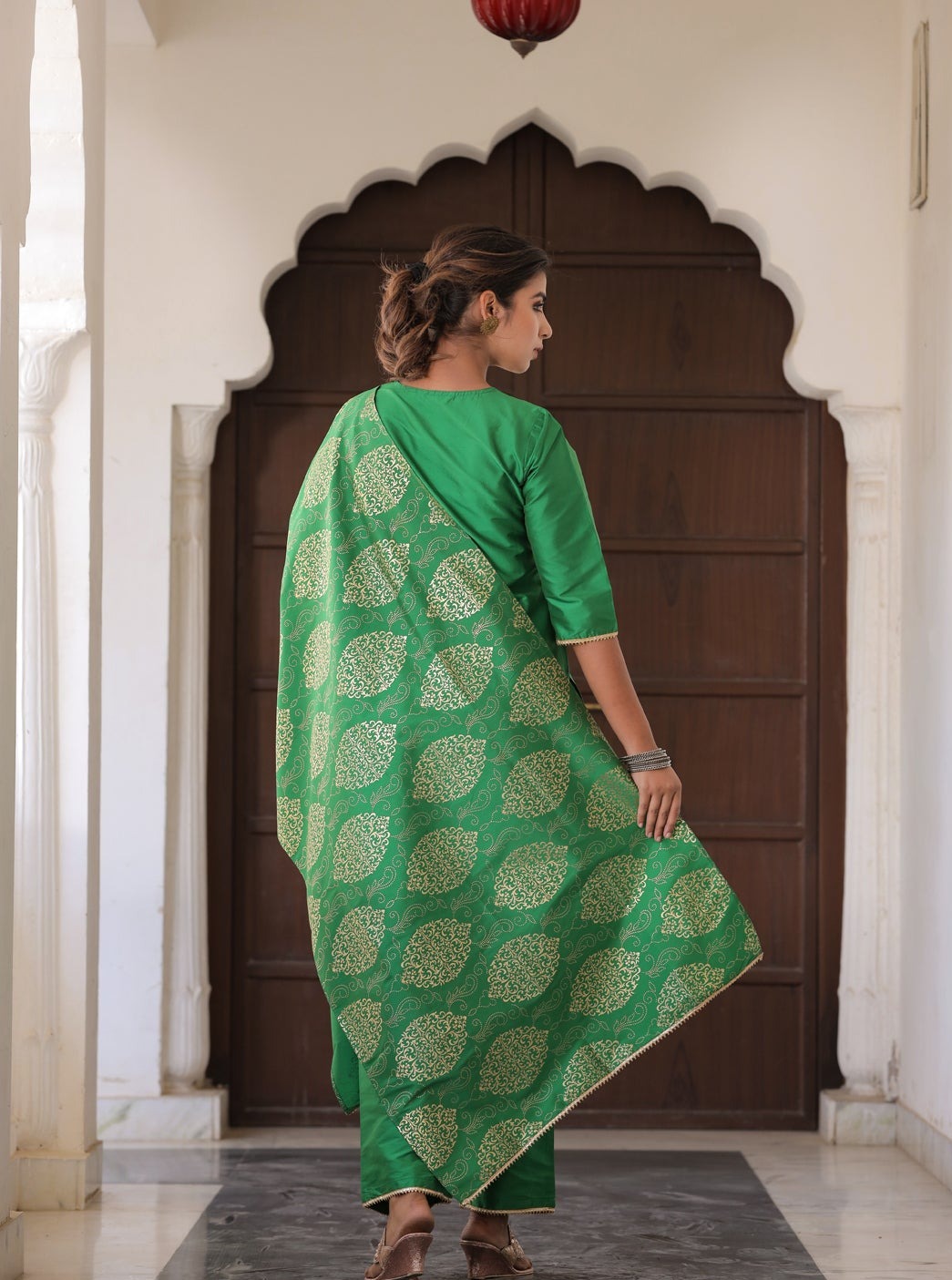 Green Solid Straight Kurta With Gotta Work On Palazzo & Printed Dupatta