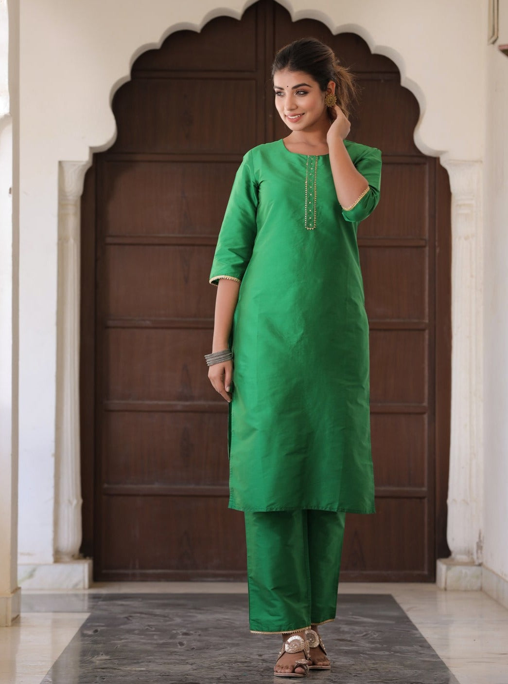 Green Solid Straight Kurta With Gotta Work On Palazzo & Printed Dupatta