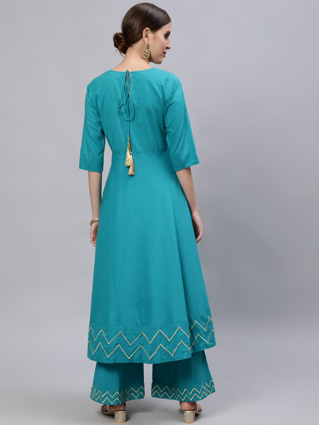 Turquoise Solid Embroidered Cotton Flared Kurta With Palazzos