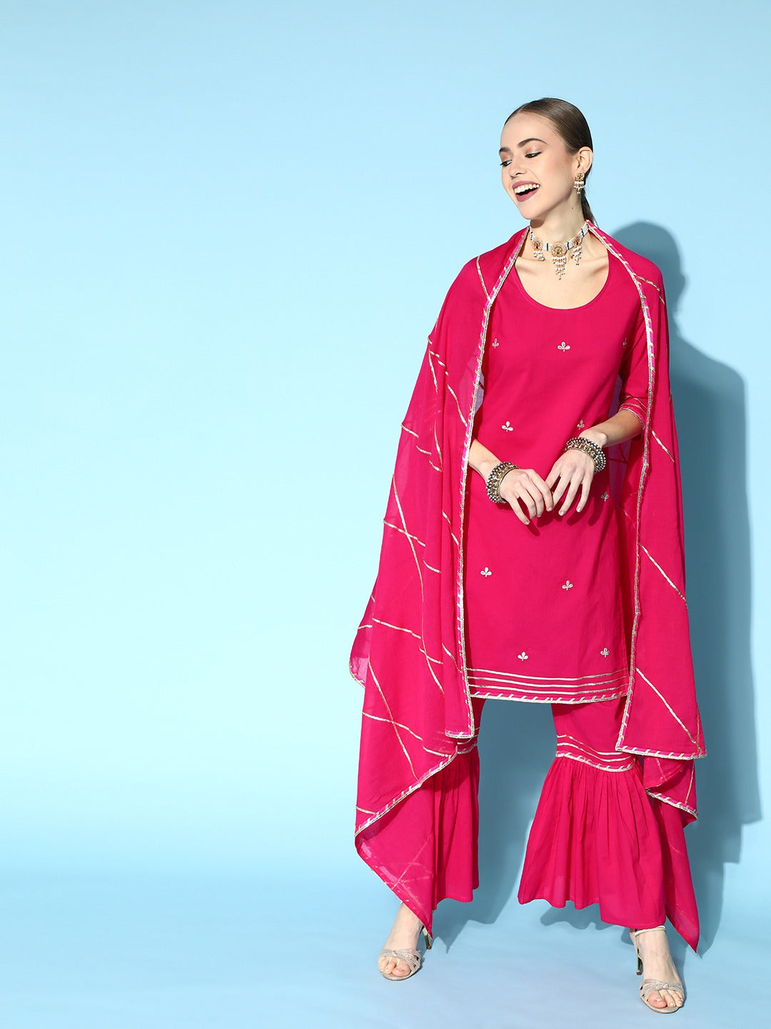 Pink Embroidered Kurta With Sharara And Dupatta