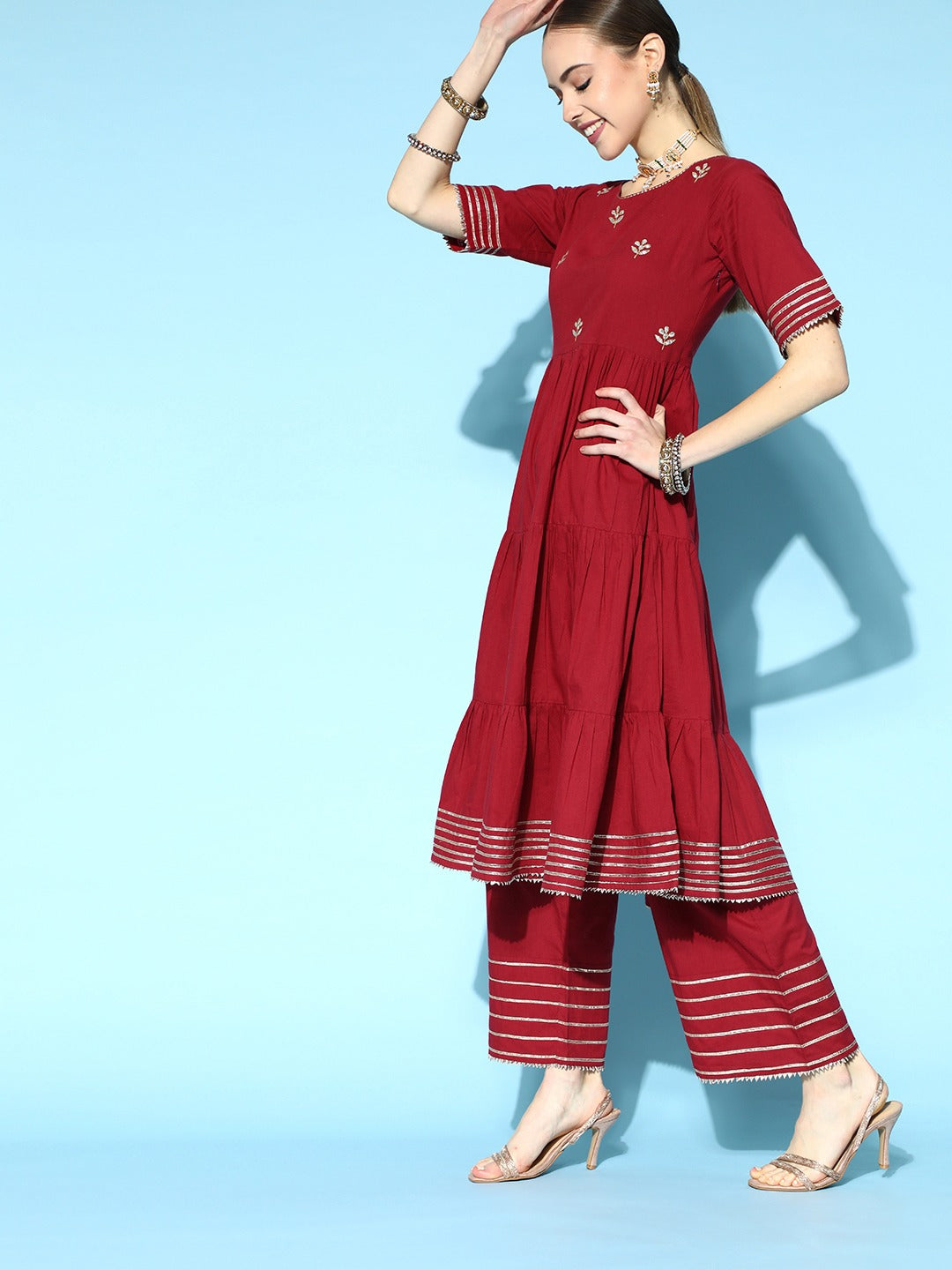 Maroon Embroired Kurta With Palazzo And Dupatta