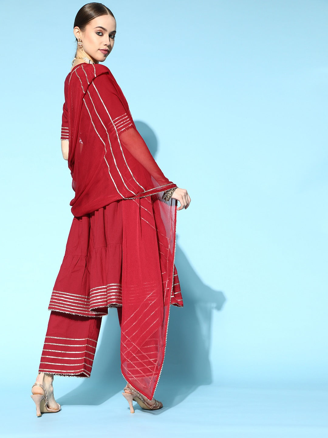 Maroon Embroired Kurta With Palazzo And Dupatta