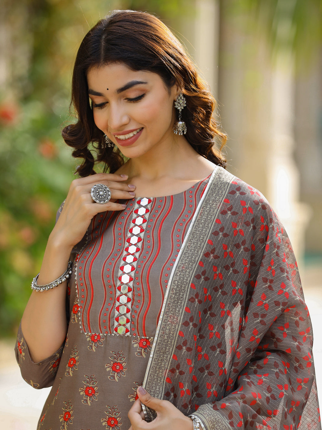 Silk Blend Digital Printed Mirror Work Kurta With Palazzo And Dupatta