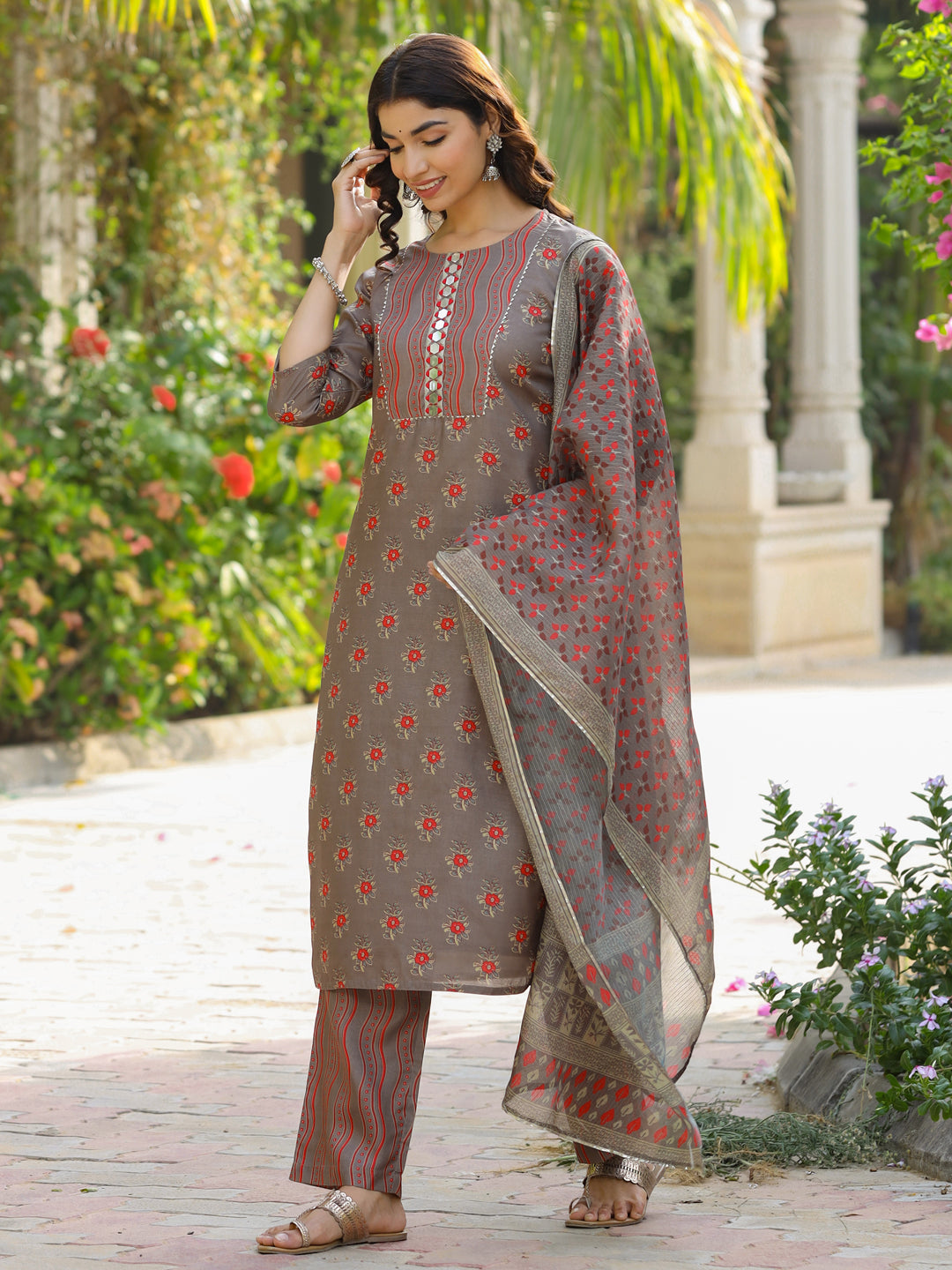 Silk Blend Digital Printed Mirror Work Kurta With Palazzo And Dupatta