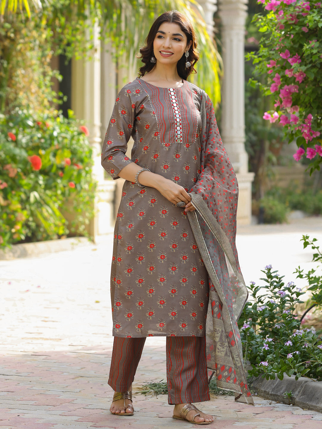 Silk Blend Digital Printed Mirror Work Kurta With Palazzo And Dupatta