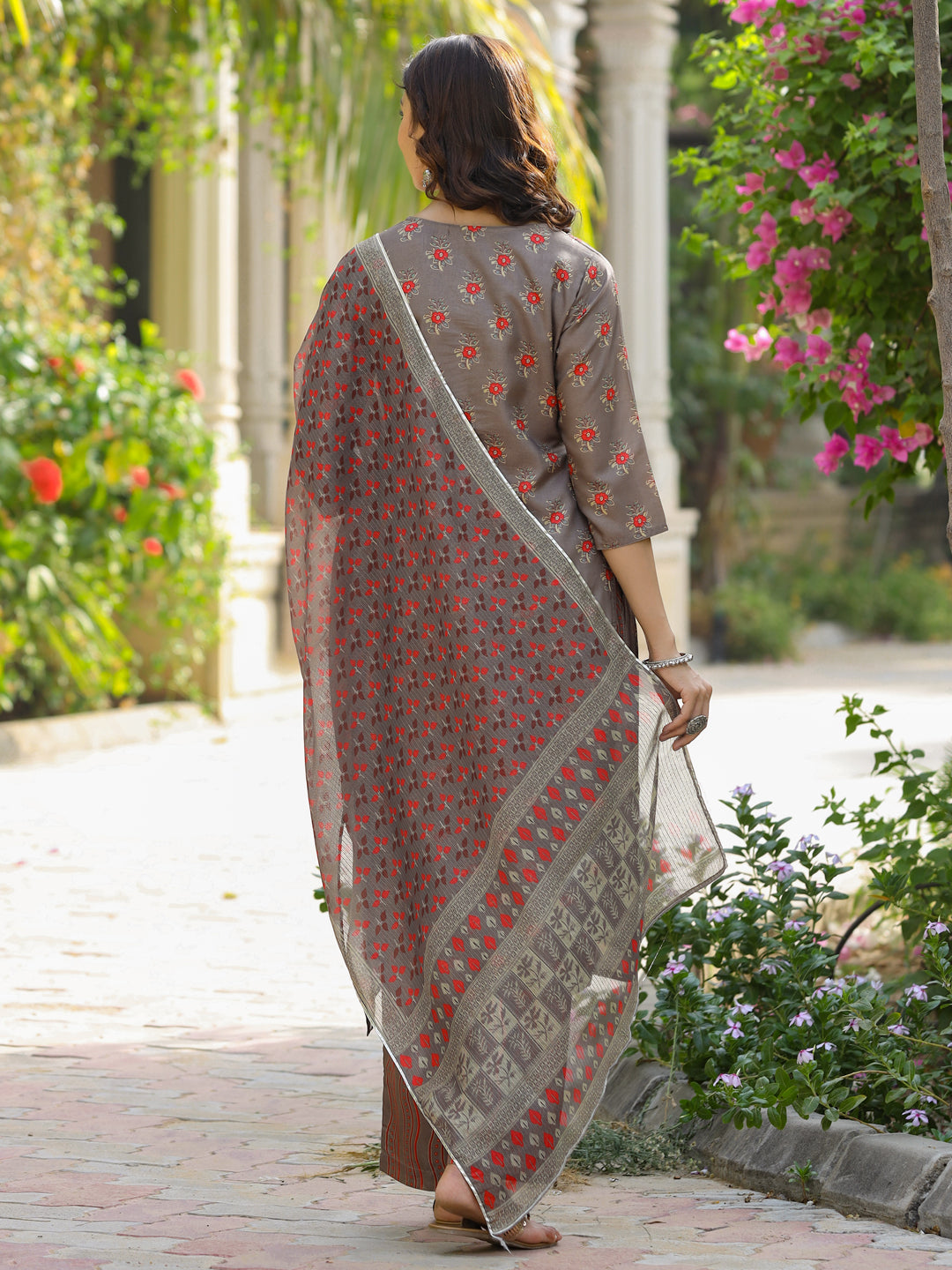 Silk Blend Digital Printed Mirror Work Kurta With Palazzo And Dupatta