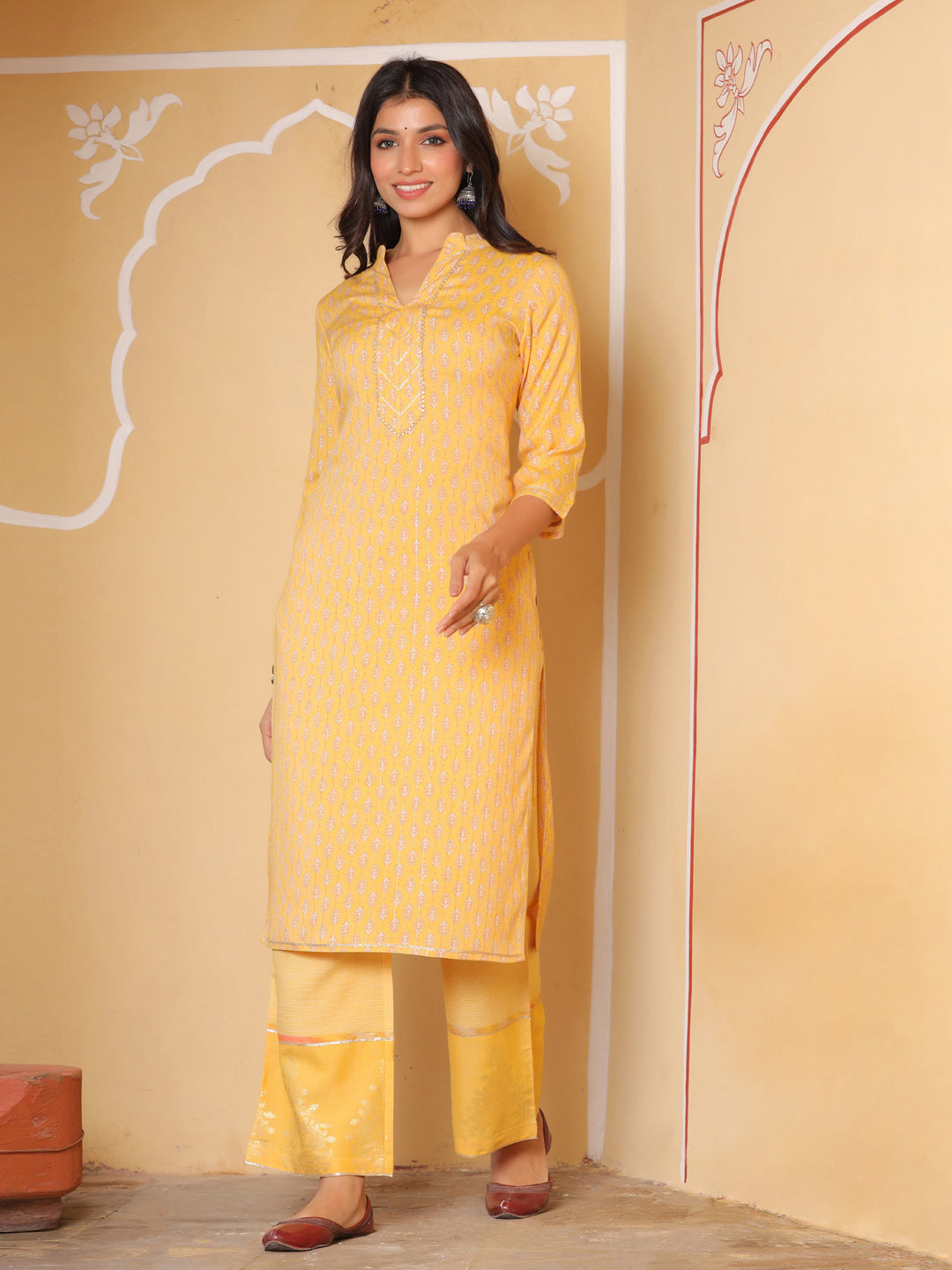 Printed Rayon Slub Straight Kurta With Palazzos