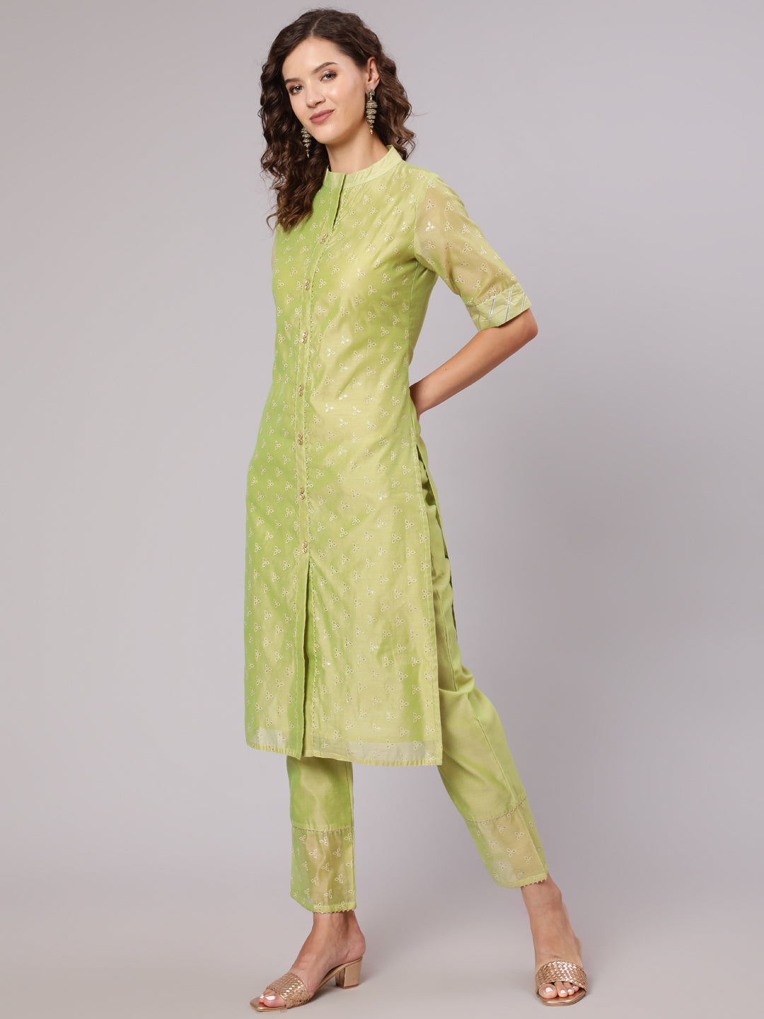 Shop Gold Print Embellished Mandarin Collar Gota Chanderi Kurta Palazzo & Chiffon Dupatta Online For Women. Get Latest Collection of Dresses at Jaipur Kurti.