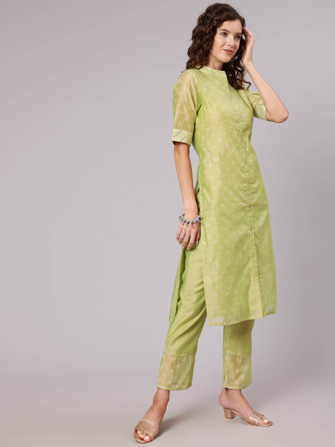 Shop Gold Print Embellished Mandarin Collar Gota Chanderi Kurta Palazzo & Chiffon Dupatta Online For Women. Get Latest Collection of Dresses at Jaipur Kurti.