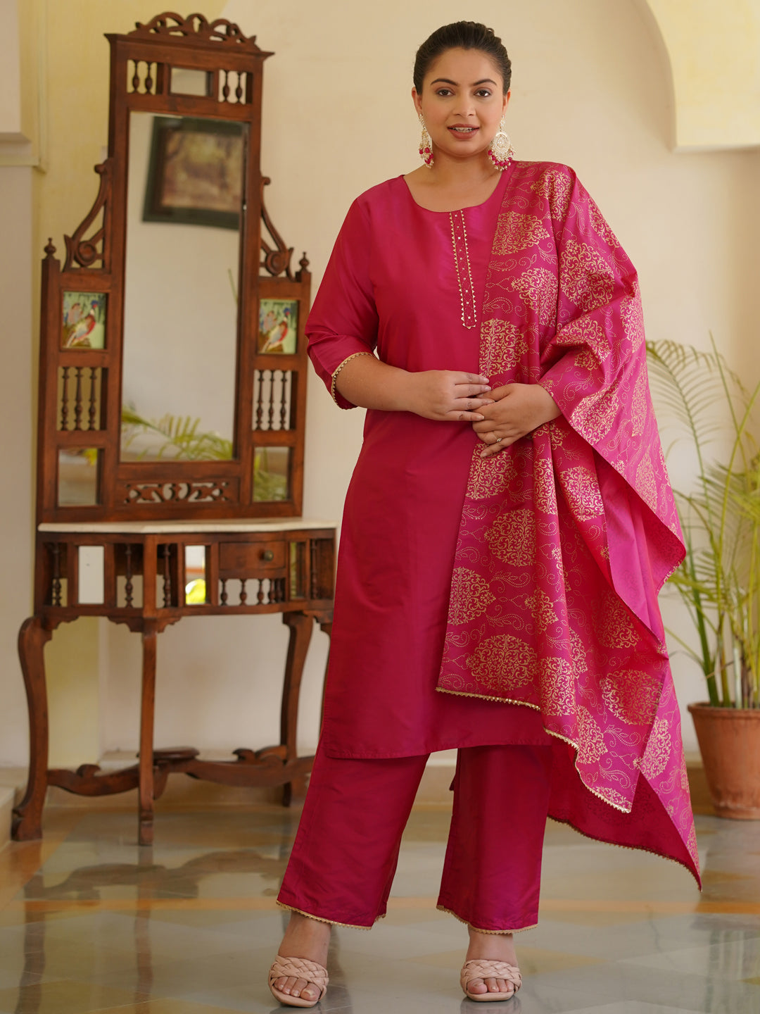 Pink Solid Straight Kurta With Gota Work On Palazzo & Printed Dupatta