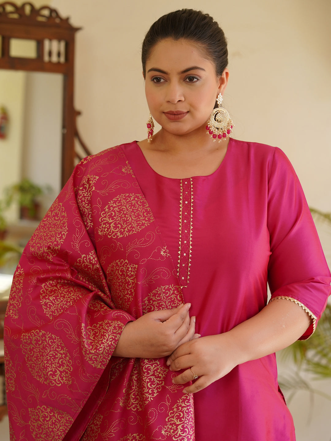 Pink Solid Straight Kurta With Gota Work On Palazzo & Printed Dupatta