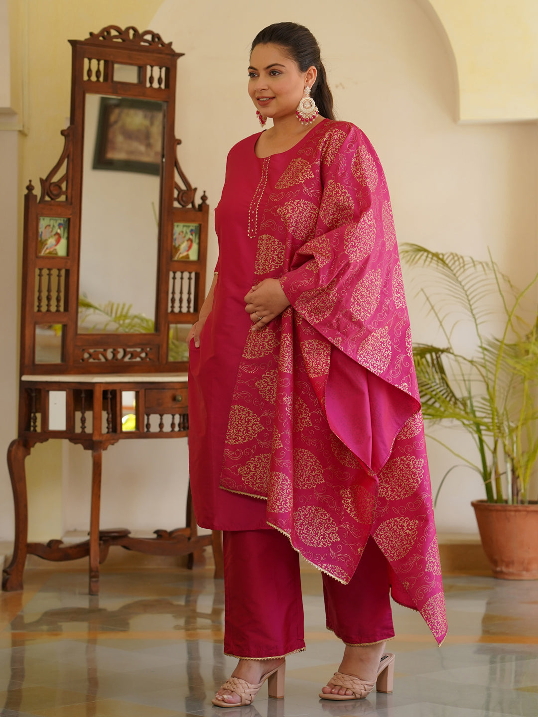 Pink Solid Straight Kurta With Gota Work On Palazzo & Printed Dupatta