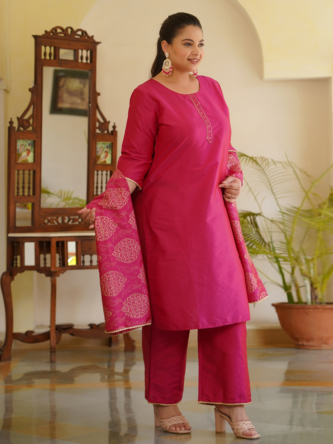 Pink Solid Straight Kurta With Gota Work On Palazzo & Printed Dupatta