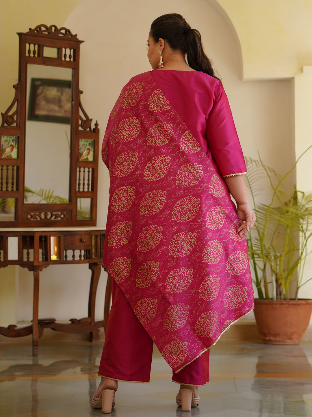 Pink Solid Straight Kurta With Gota Work On Palazzo & Printed Dupatta