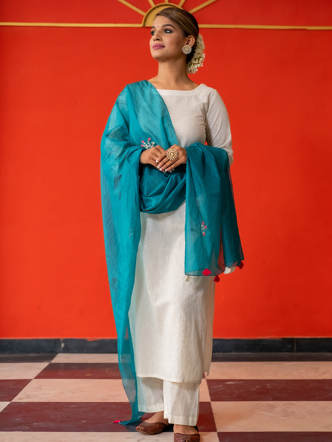 White Cotton Lurex Straight Embroidered Kurta With Palazzo & Dupatta