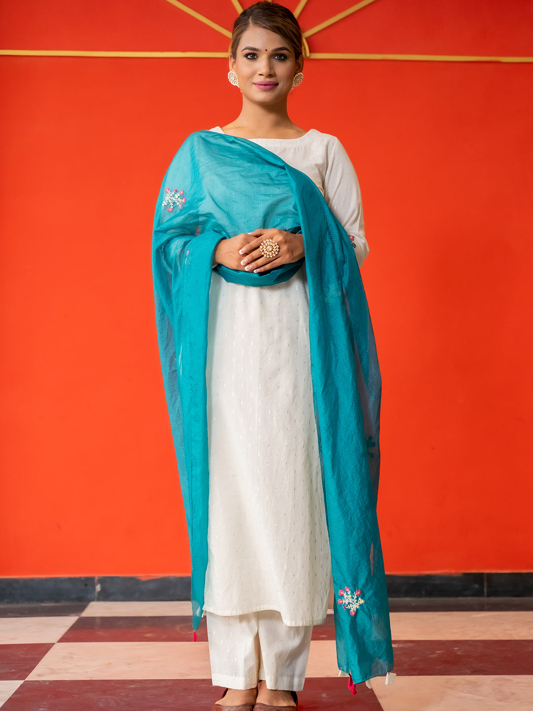 White Cotton Lurex Straight Embroidered Kurta With Palazzo & Dupatta