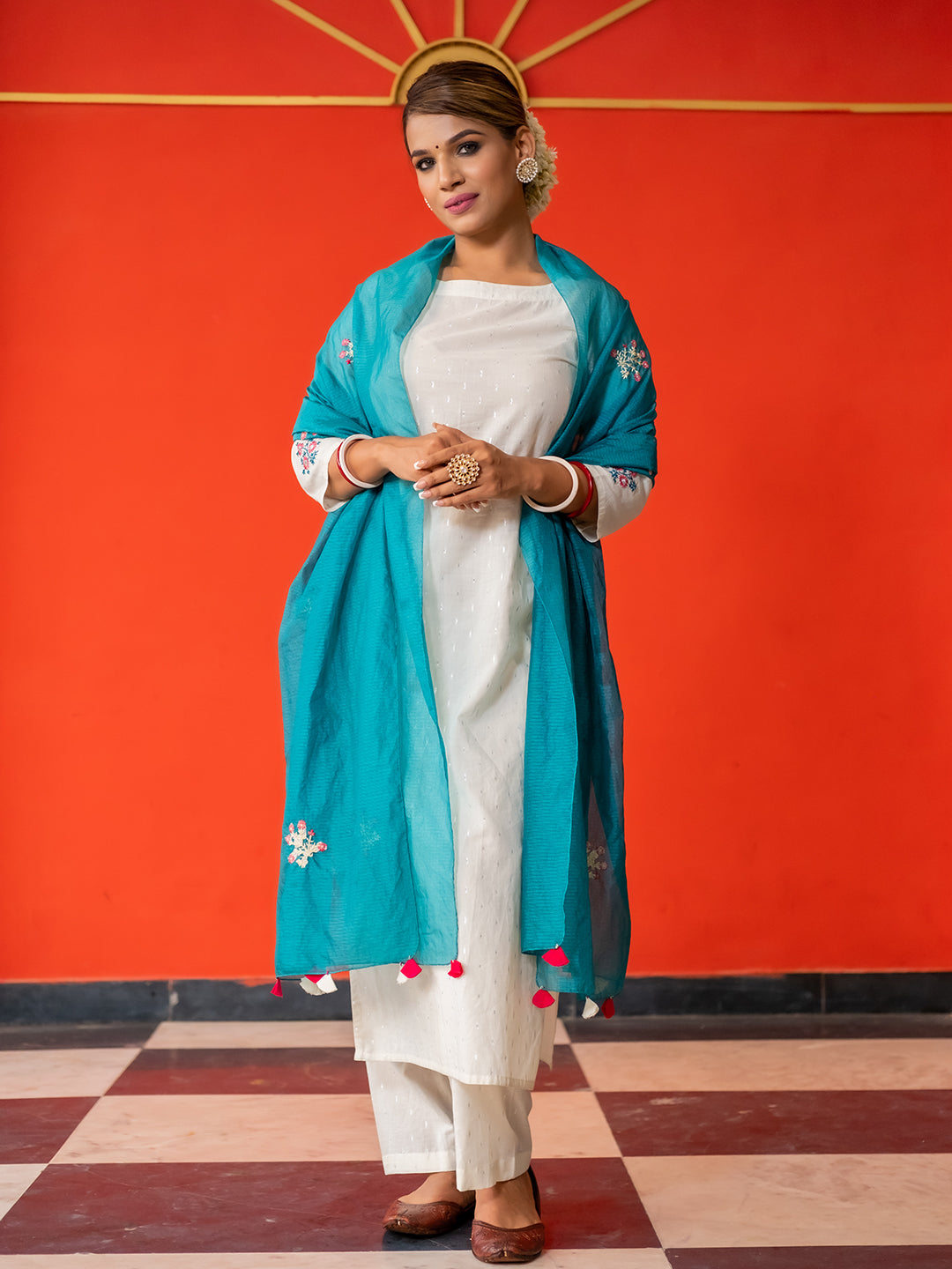 White Cotton Lurex Straight Embroidered Kurta With Palazzo & Dupatta