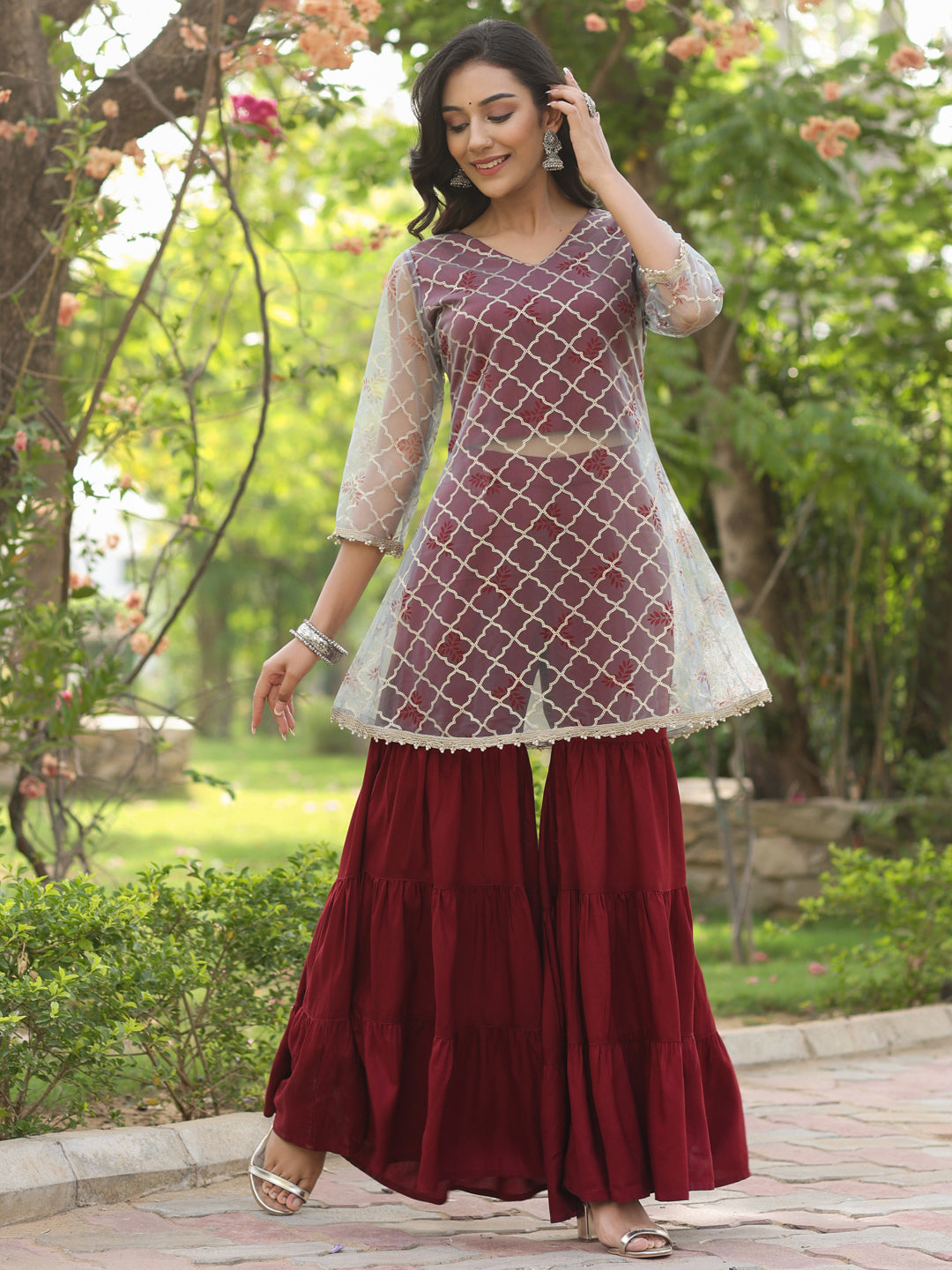 Gold Embellished A-Line Kurta With Rayon Maroon Sharara