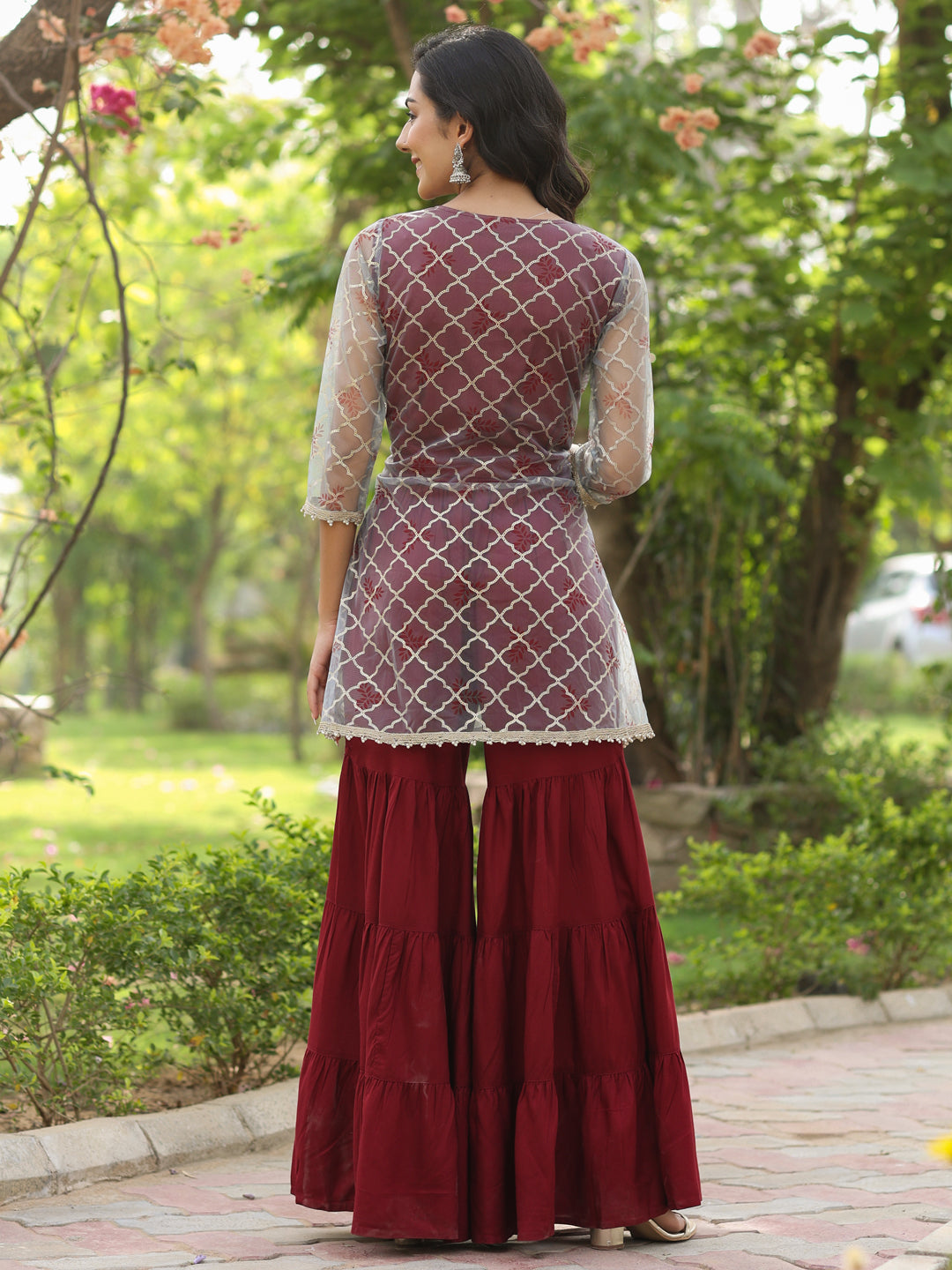 Gold Embellished A-Line Kurta With Rayon Maroon Sharara