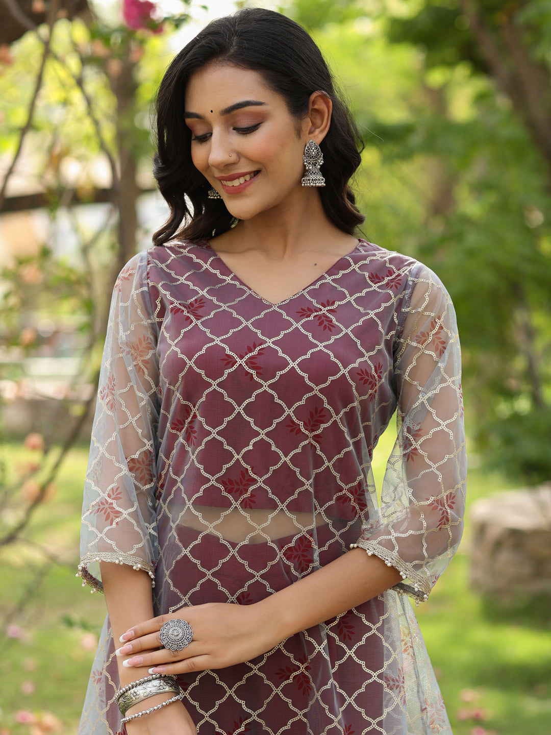 Gold Embellished A-Line Kurta With Rayon Maroon Sharara