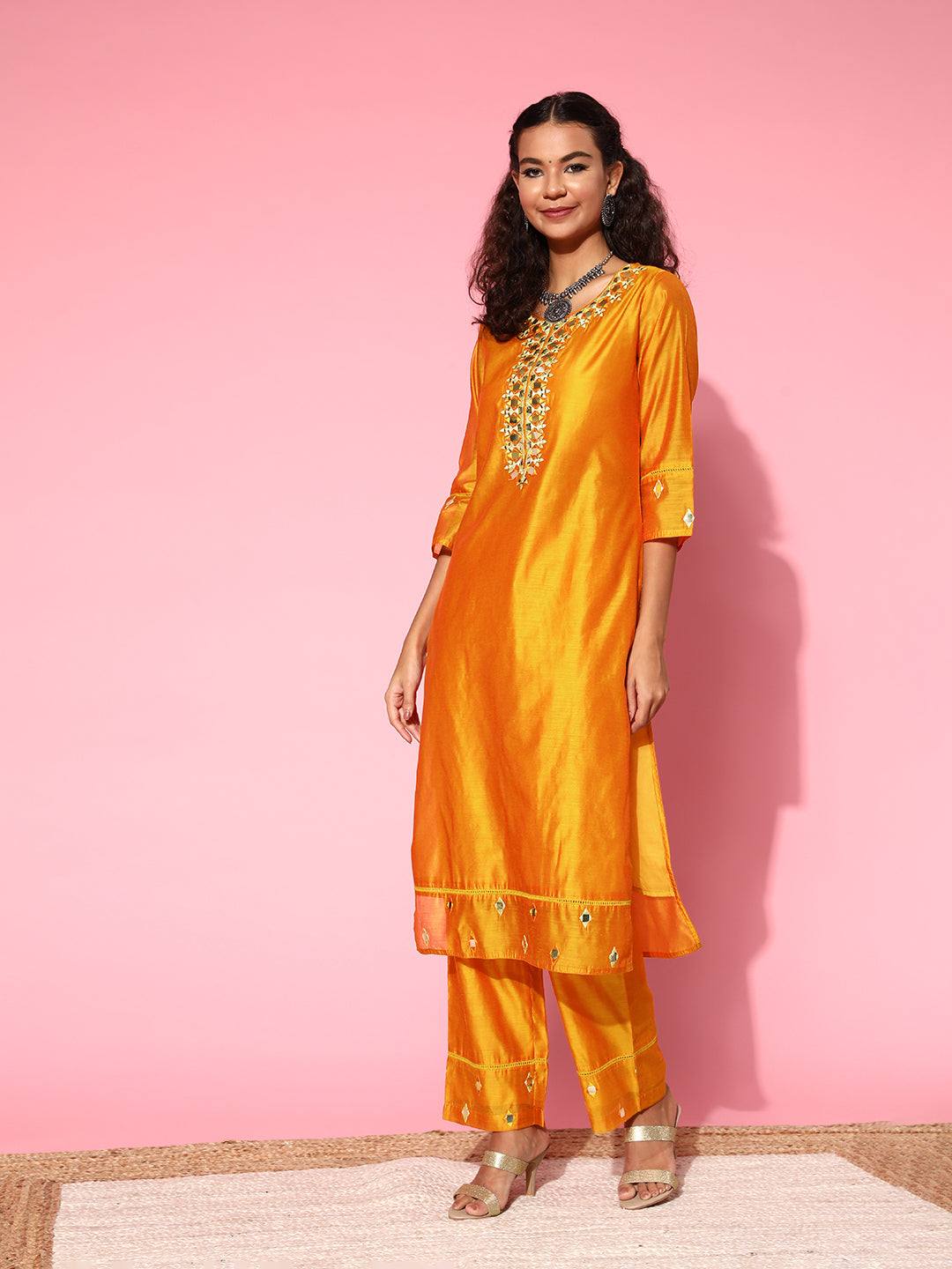 Mustard Chanderi Mirror Embroidered Straight Kurta With Palazzo