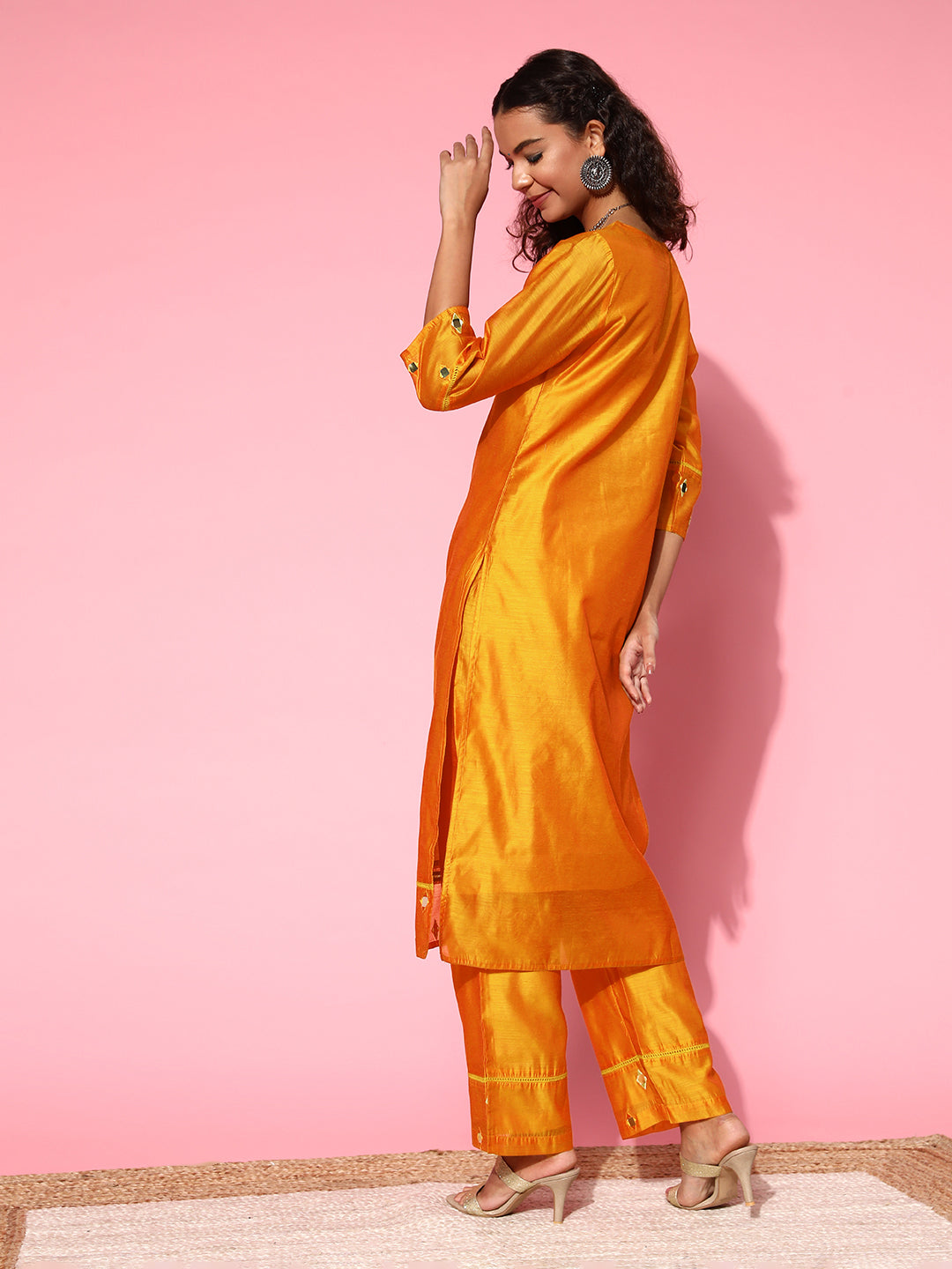 Mustard Chanderi Mirror Embroidered Straight Kurta With Palazzo