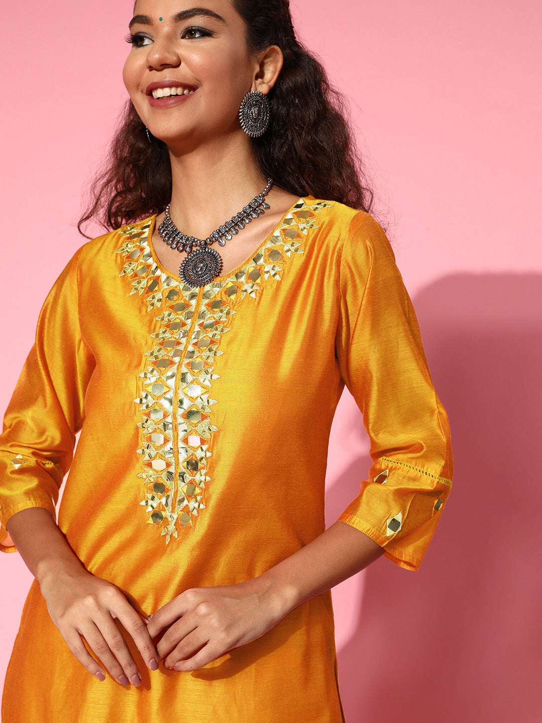 Mustard Chanderi Mirror Embroidered Straight Kurta With Palazzo