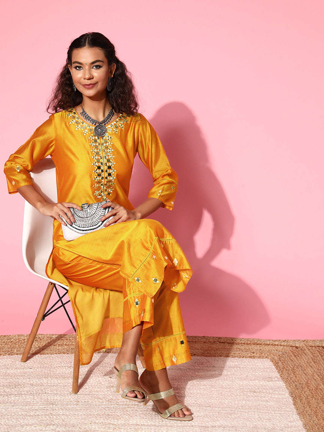 Mustard Chanderi Mirror Embroidered Straight Kurta With Palazzo