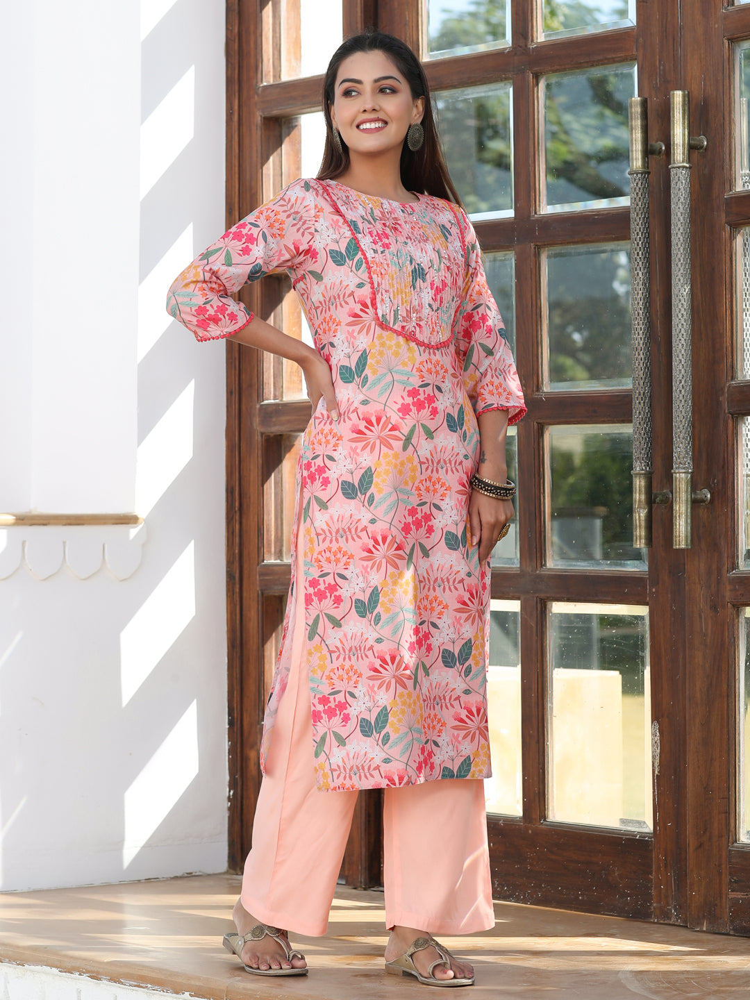 Peach Cotton Slub Printed Embellished Kurta With Rayon Palazzo