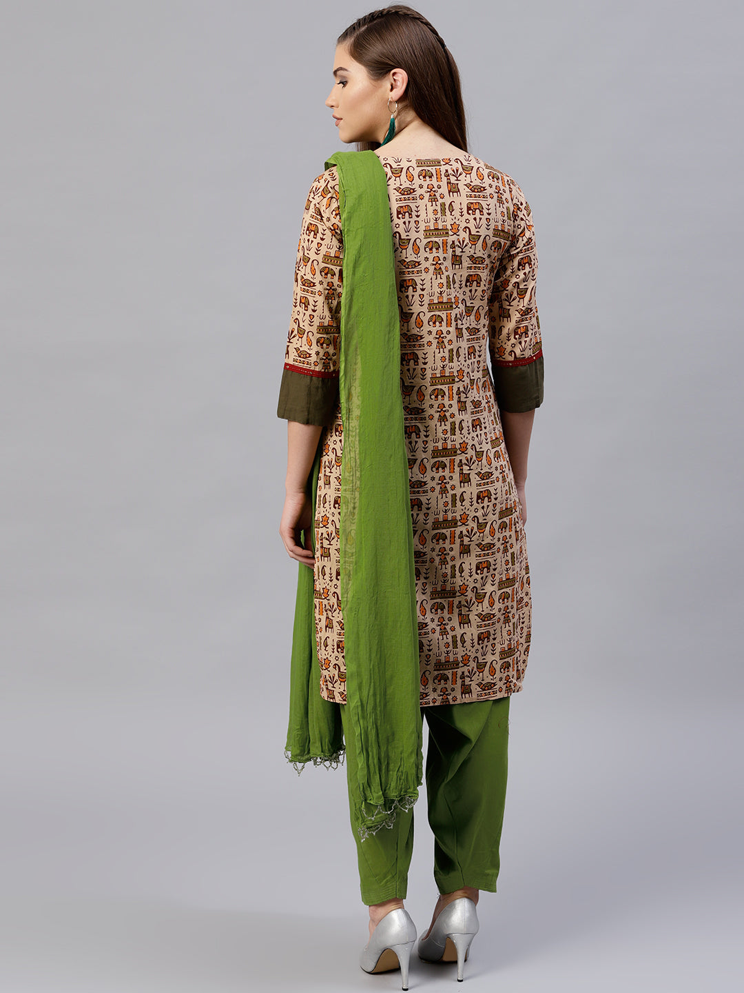 Beige And Olive Green Solid Straight Cotton Kurta With Patiala And Dupatta