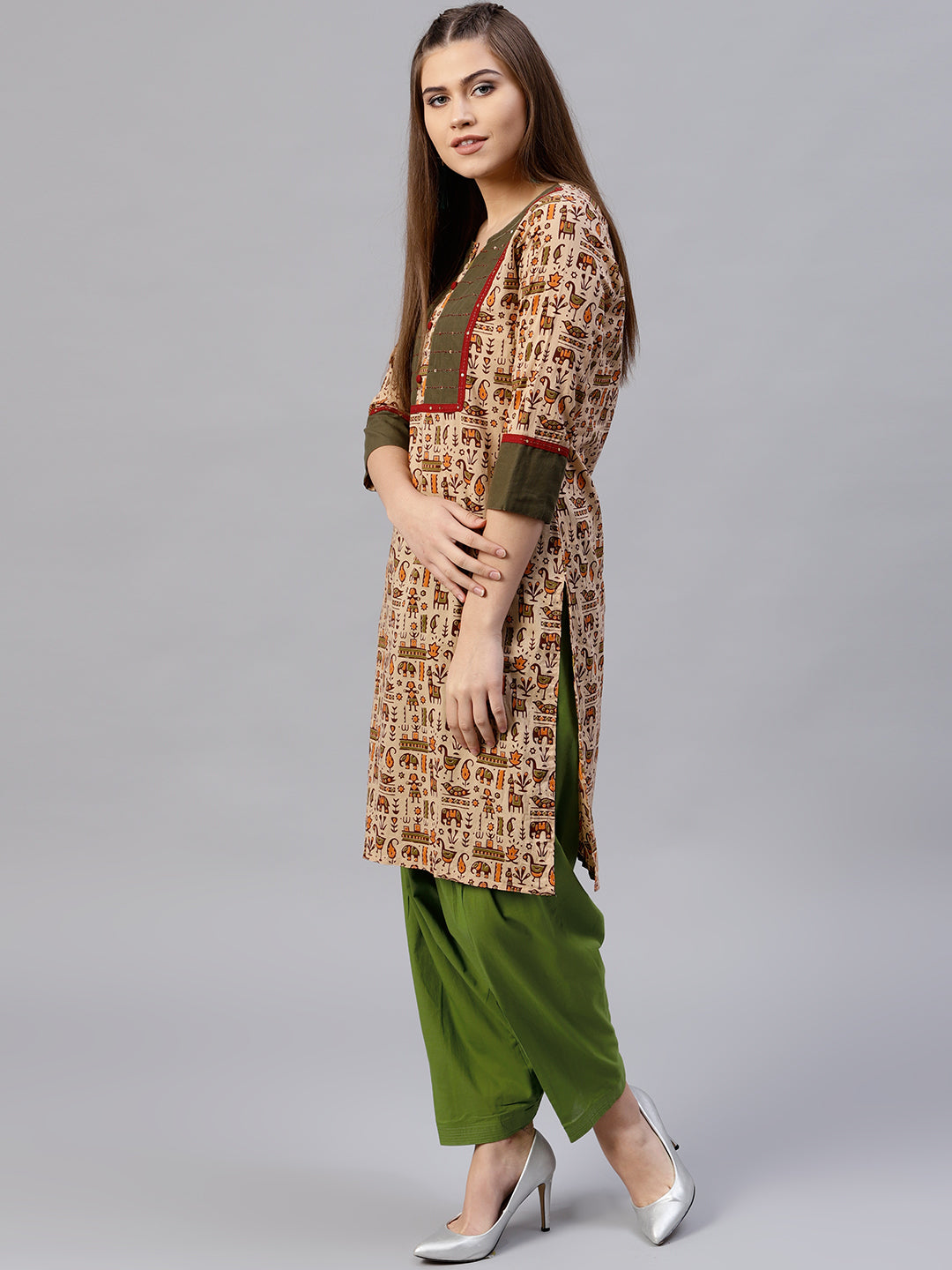 Beige And Olive Green Solid Straight Cotton Kurta With Patiala And Dupatta