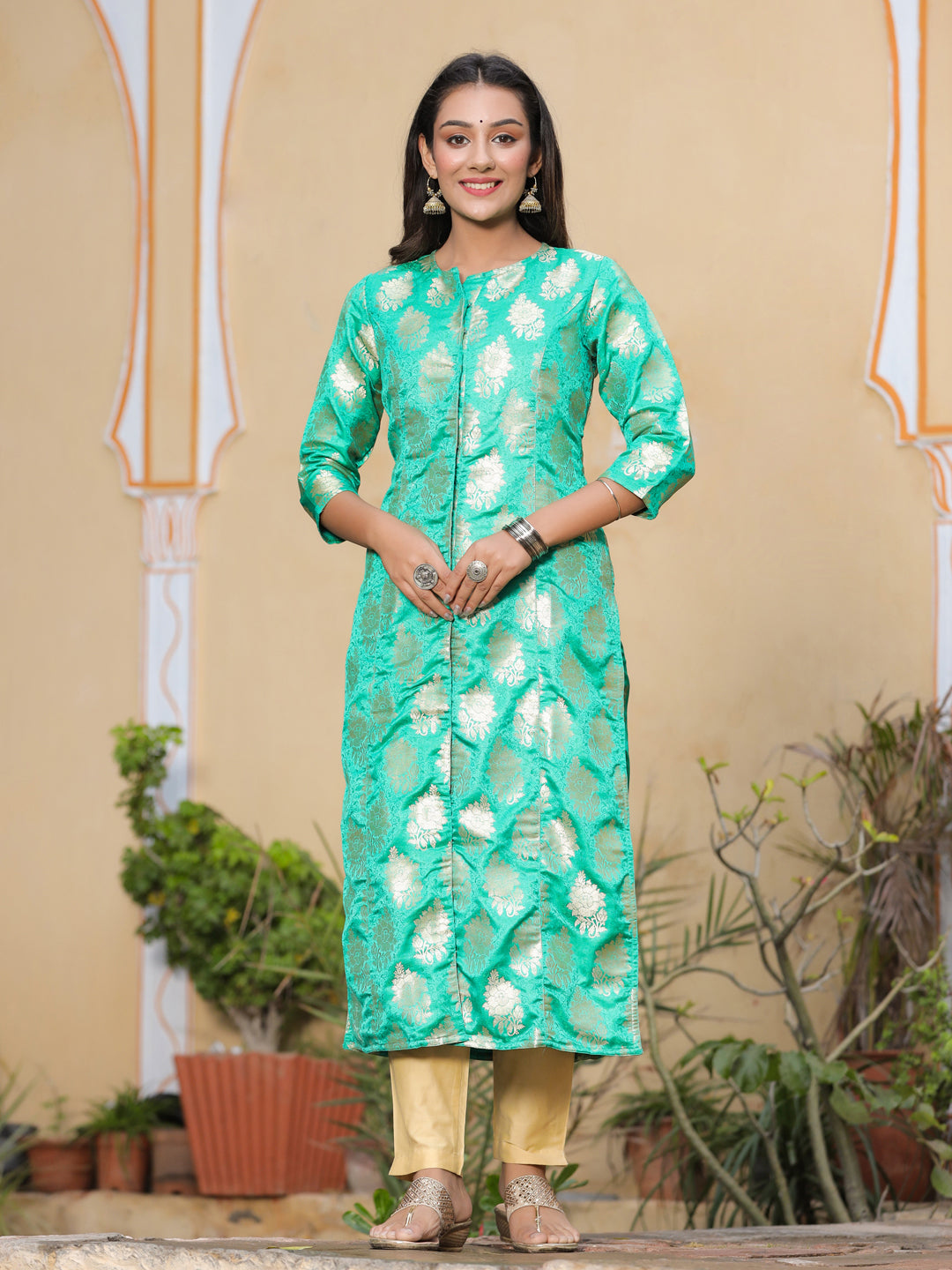 Green Ethnic Printed Brocade Straight Kurta