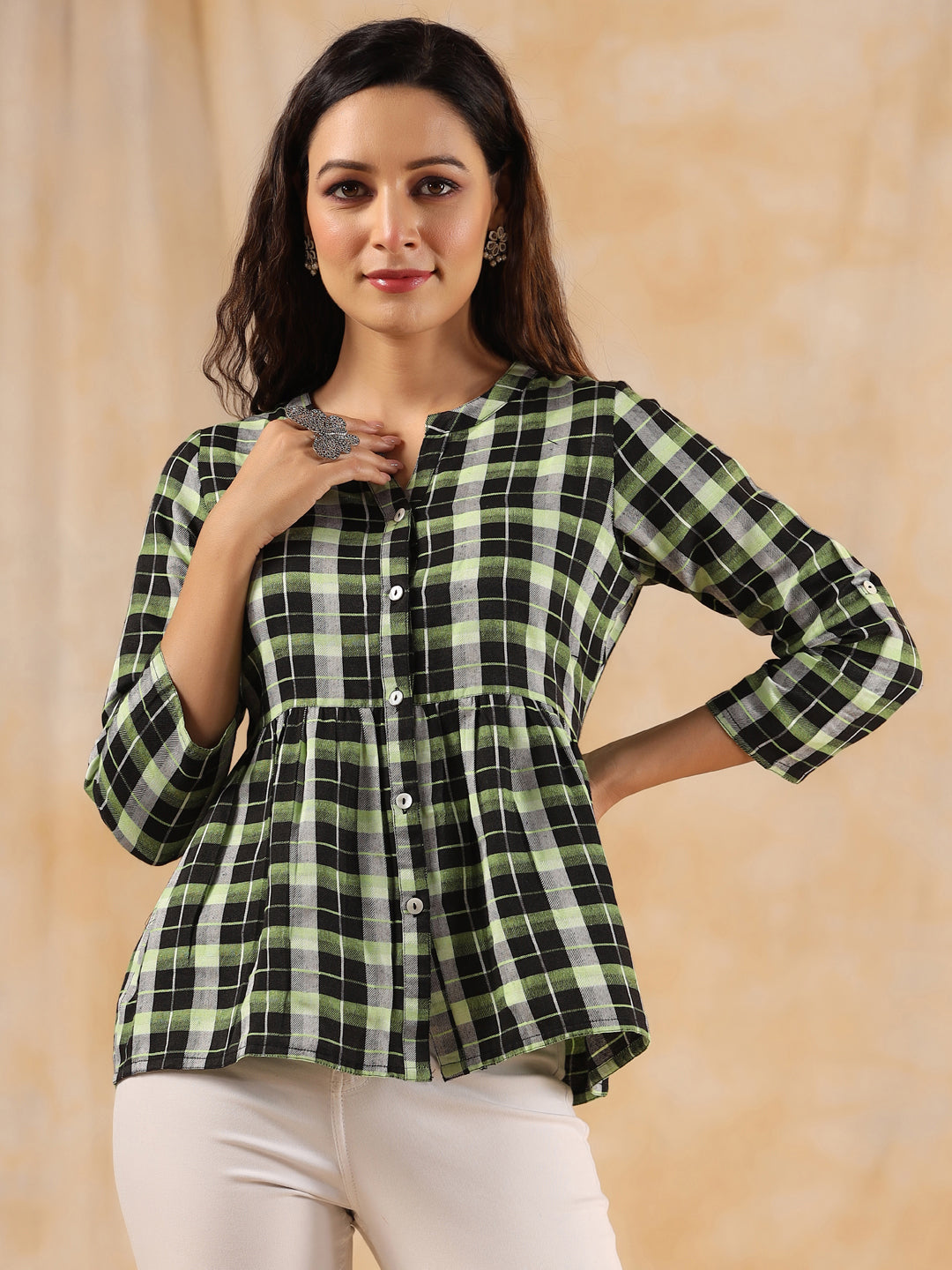 Checked Cotton Shirt With Gathered Detail