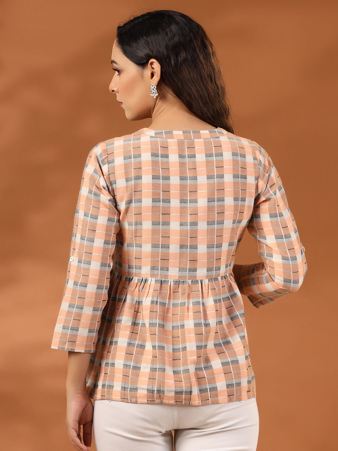 Checked Cotton Shirt With Gathered Detail