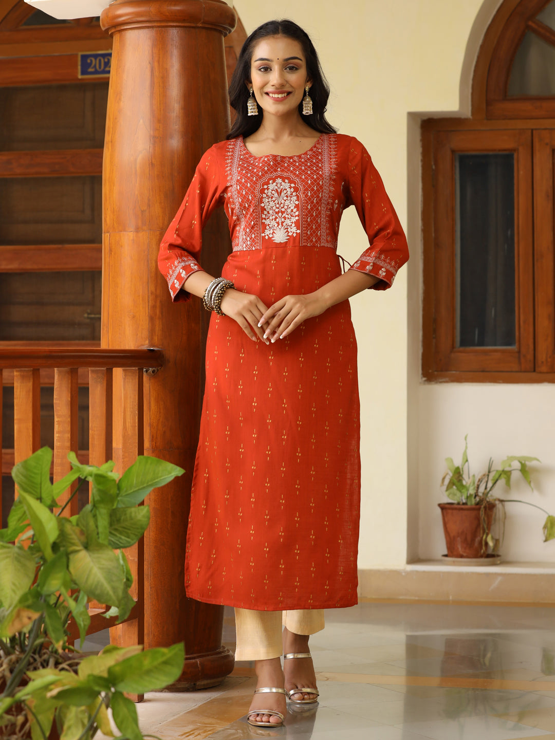 Rust Heavy Embroidered Gold Khadi Print Rayon Slub Kurta With Cotton Beige Pants