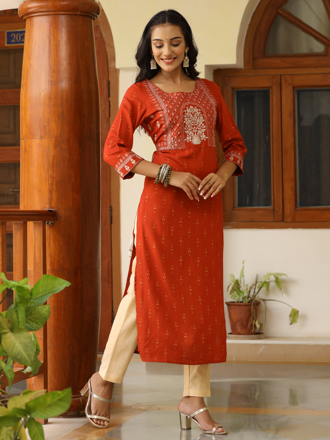 Rust Heavy Embroidered Gold Khadi Print Rayon Slub Kurta With Cotton Beige Pants