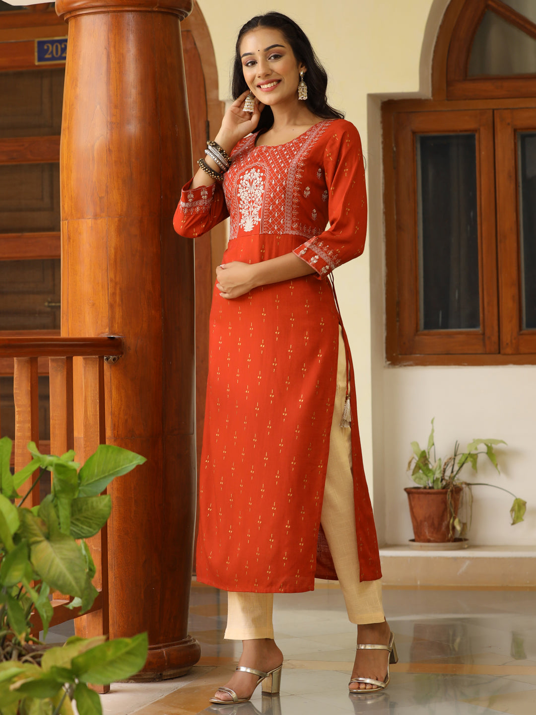 Rust Heavy Embroidered Gold Khadi Print Rayon Slub Kurta With Cotton Beige Pants