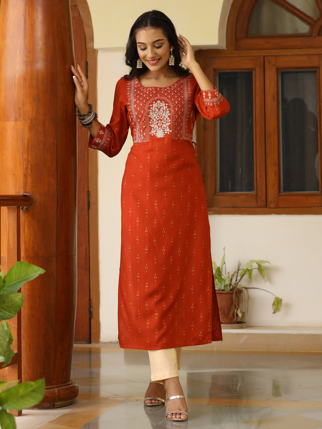 Rust Heavy Embroidered Gold Khadi Print Rayon Slub Kurta With Cotton Beige Pants