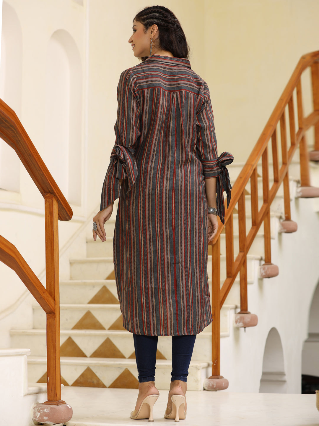 Chanderi Grey Stripes High Low Loose Fitting Pattern Kurta