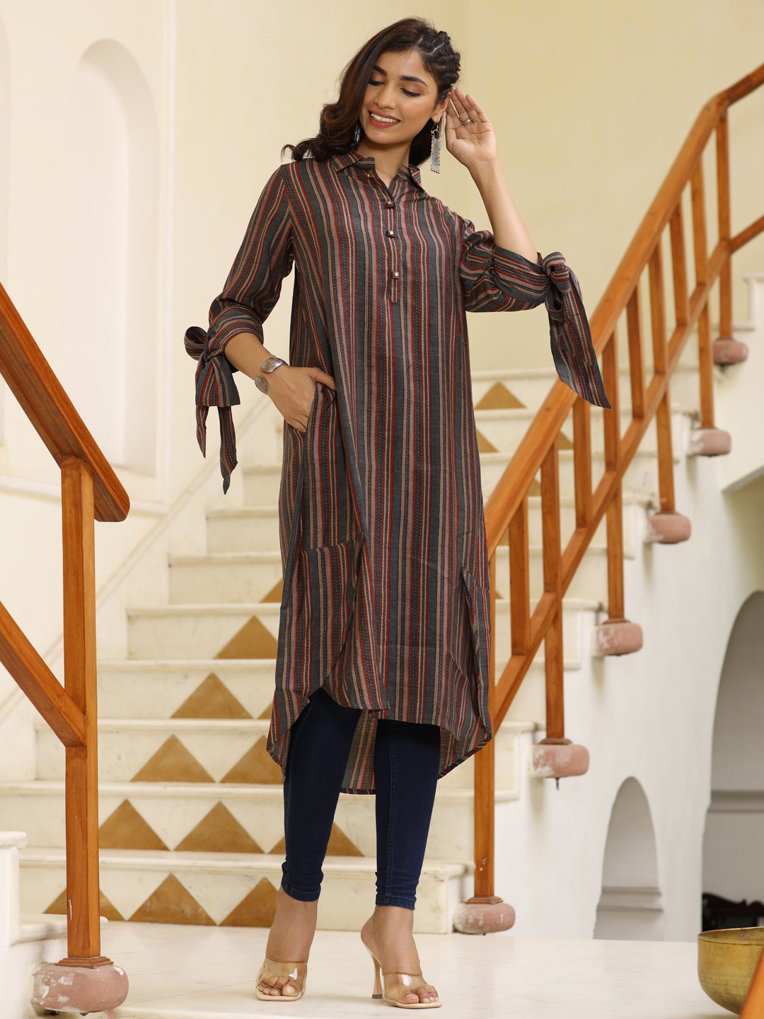 Chanderi Grey Stripes High Low Loose Fitting Pattern Kurta