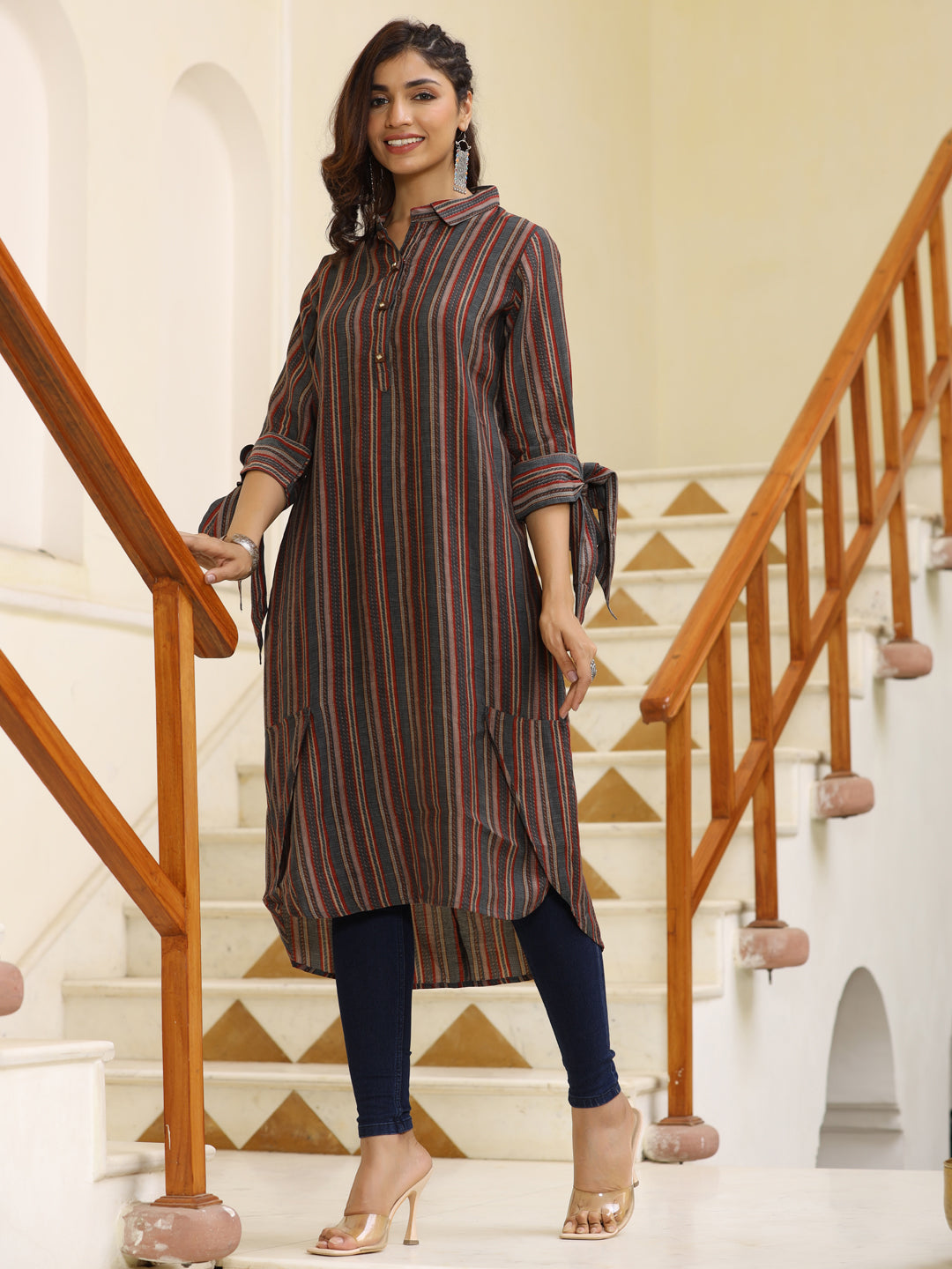 Chanderi Grey Stripes High Low Loose Fitting Pattern Kurta